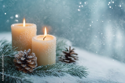 Winter candles glowing softly against a frosty background, evoking warmth and serenity amidst the cold