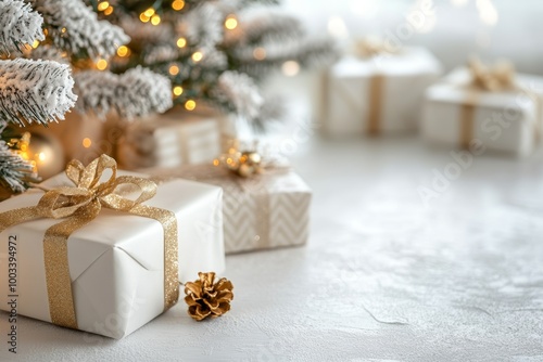 A cozy Christmas setting with a white table adorned with gifts and a beautifully decorated tree, perfect for celebrating the festive season