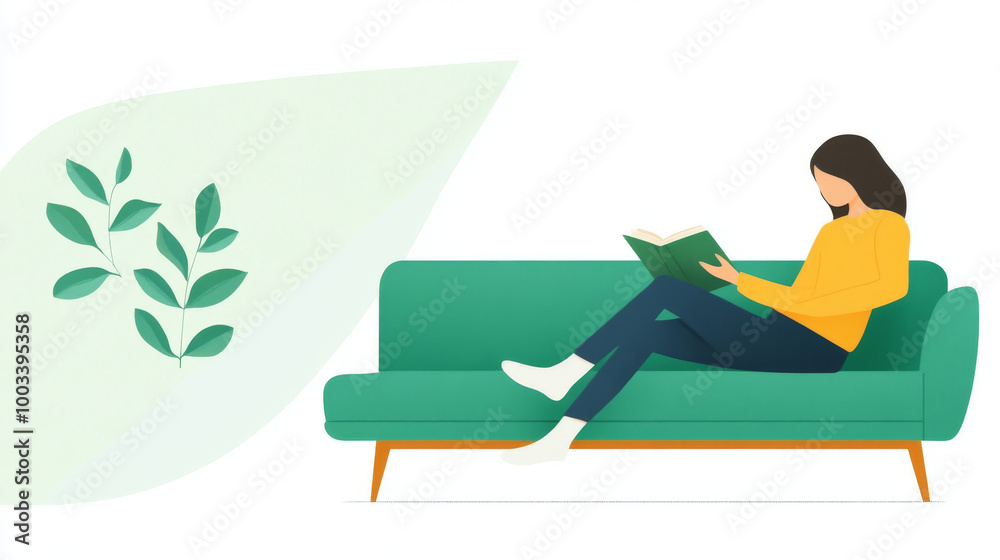 Woman relaxing on a couch, reading a book. Woman relaxing on a couch, reading a book.