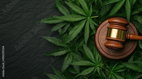 Cannabis Legalization   Gavel and Marijuana Leaves on Black Background photo