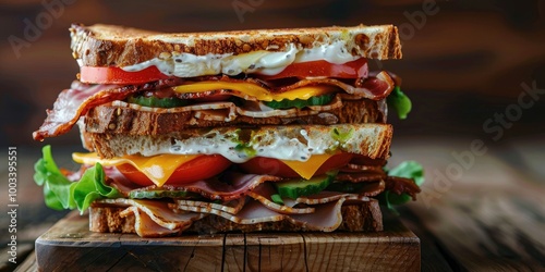 Detailed view of a club sandwich on a wooden surface