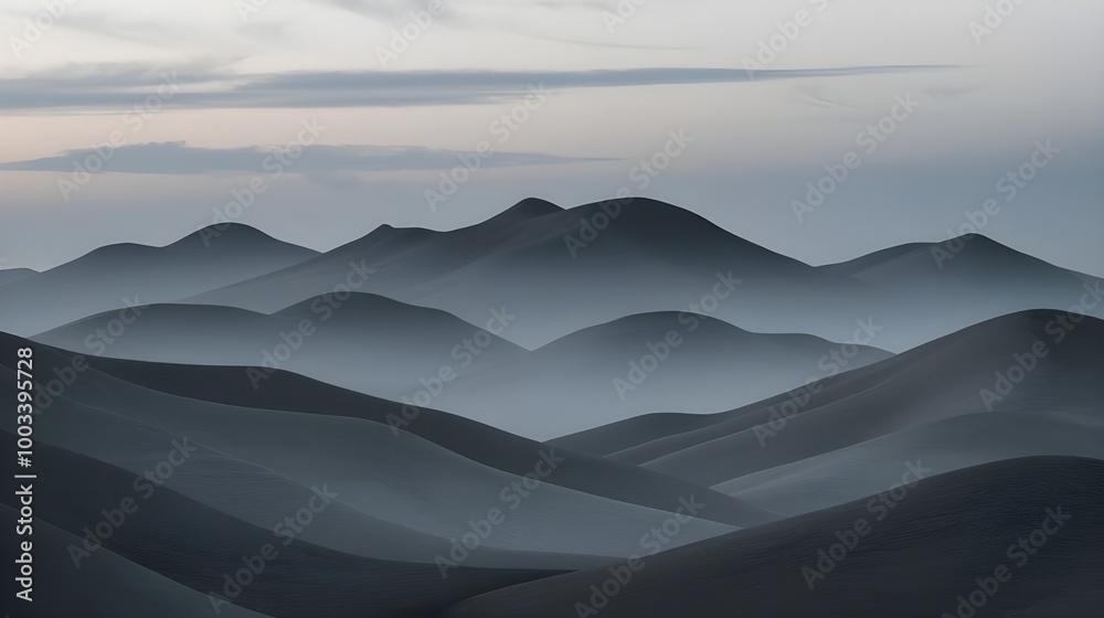 Minimalist Twilight Landscape Background, Serene Layered Mountains in Gray and Blue Hues with Ethereal Ambiance