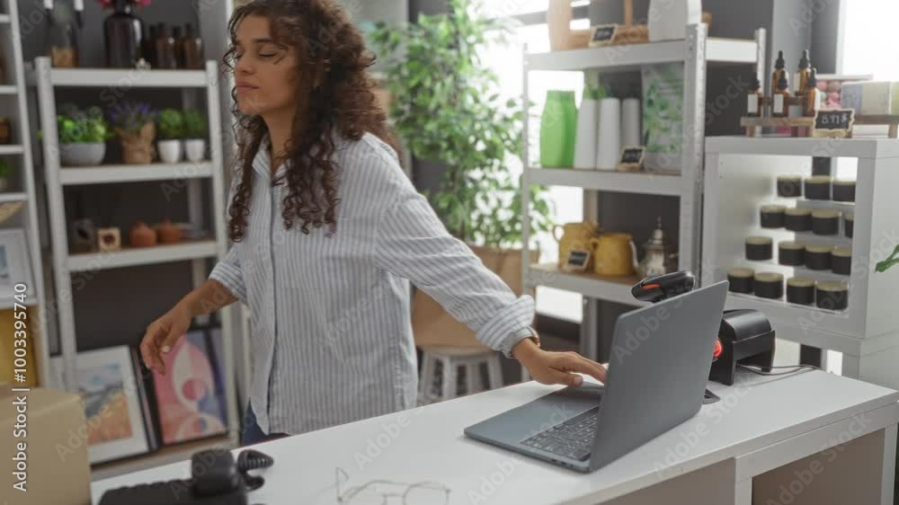 Hispanic woman working in a beautifully decorated home decor store with various stylish products neatly arranged on shelves. Hispanic woman working in a beautifully decorated home decor store with various stylish products neatly arranged on shelves.