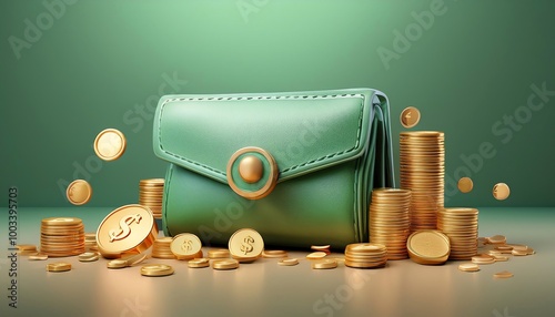 A stylish green wallet surrounded by shiny coins, symbolizing wealth and financial prosperity. photo