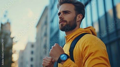 Show a fitness enthusiast using a wearable fitness tracker, highlighting the device's ability to monitor health and activity 