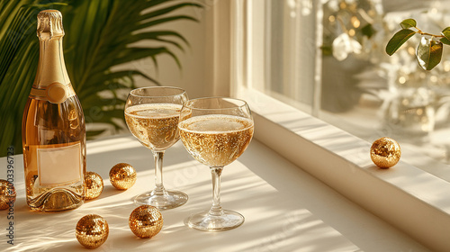 Festive composition with a bottle of champagne and two filled glasses on a white table near the window surrounded by golden Christmas tree balls with natural sunlight. photo