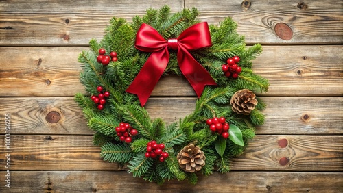 A Traditional Christmas Wreath Adorned with Pine, Berries, and a Red Bow on a Rustic Wooden Background