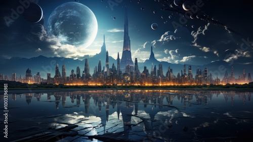 Futuristic Cityscape Under a Twin Moon