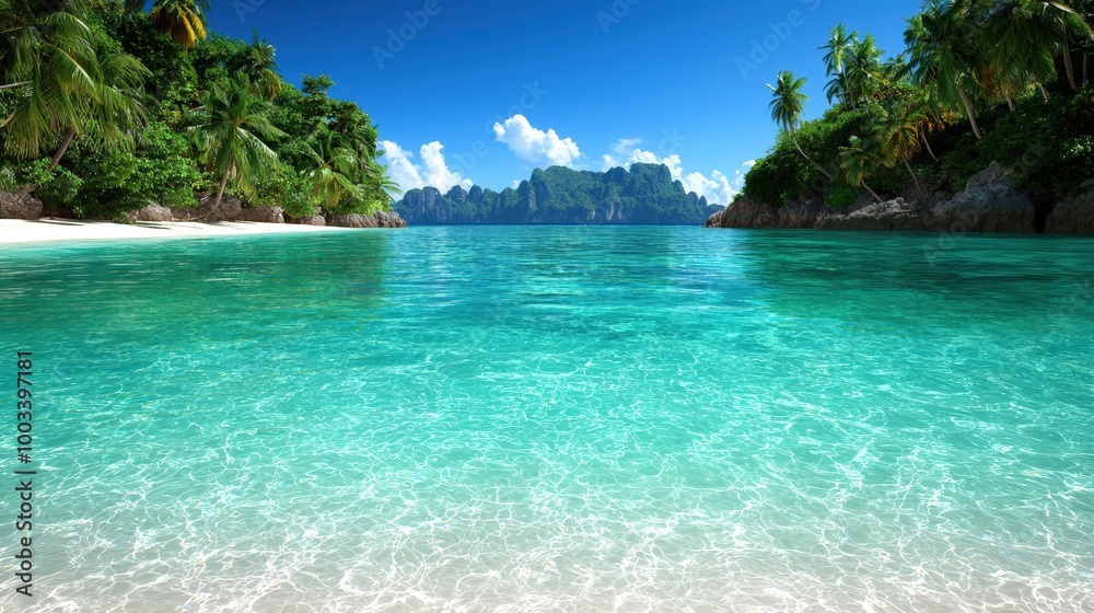 Fototapeta premium Tropical Paradise Beach with Clear Blue Water and Lush Green Palms