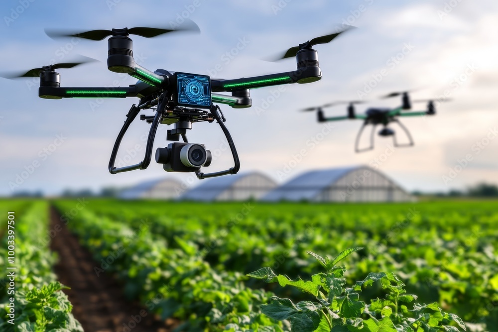 3D-rendered futuristic farm using tomorrow’s technology, with fully animated drones, AI irrigation systems, and energy-efficient greenhouses managing crops 3D-rendered futuristic farm using tomorrow’s technology, with fully animated drones, AI irrigation systems, and energy-efficient greenhouses managing crops