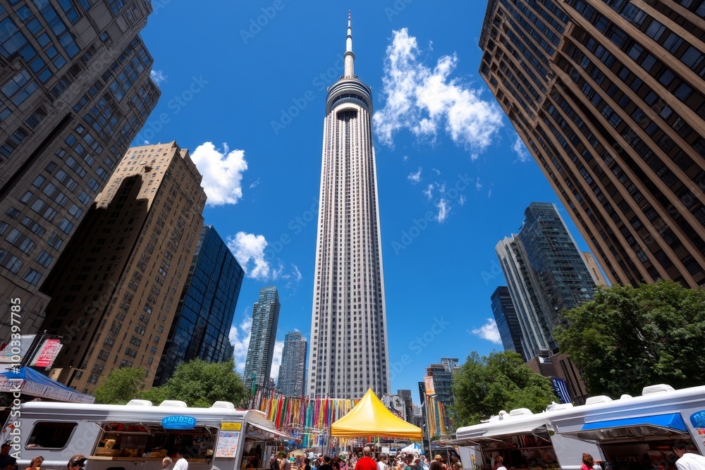 Obraz premium A bustling downtown food truck park, with people gathering for lunch surrounded by the towering skyline of the city