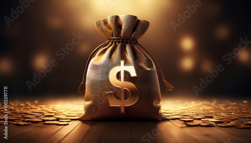 A shimmering money bag sits on a wooden surface, surrounded by scattered coins, illuminated by a warm, glowing light.