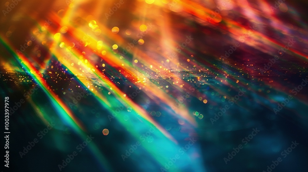 Blur Colorful Warm Rainbow Light Leaks on Black Background: Defocused Abstract Retro Film Analog Effect with Dust Texture and Scratched Damage