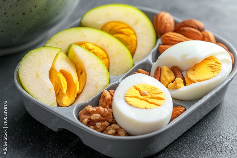 A clean eating snack box with sliced apples, nuts, and a boiled egg, arranged in a tidy, divided container A clean eating snack box with sliced apples, nuts, and a boiled egg, arranged in a tidy, divided container
