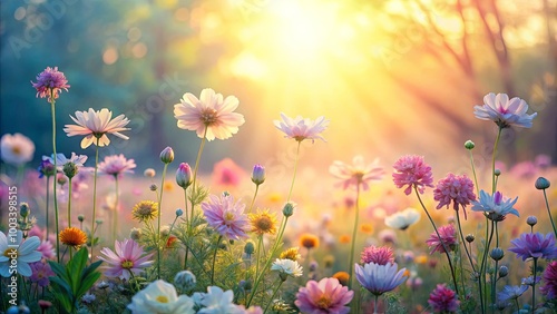 A vibrant field of wildflowers basking in the golden glow of the setting sun, with delicate petals catching the last rays of sunlight.