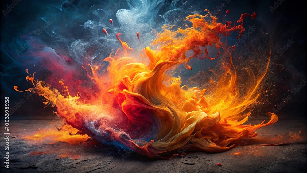 Fototapeta premium Abstract Swirling Colors of Orange, Yellow, Red, and Blue Ink Exploding in a Dramatic Dance of Light and Smoke