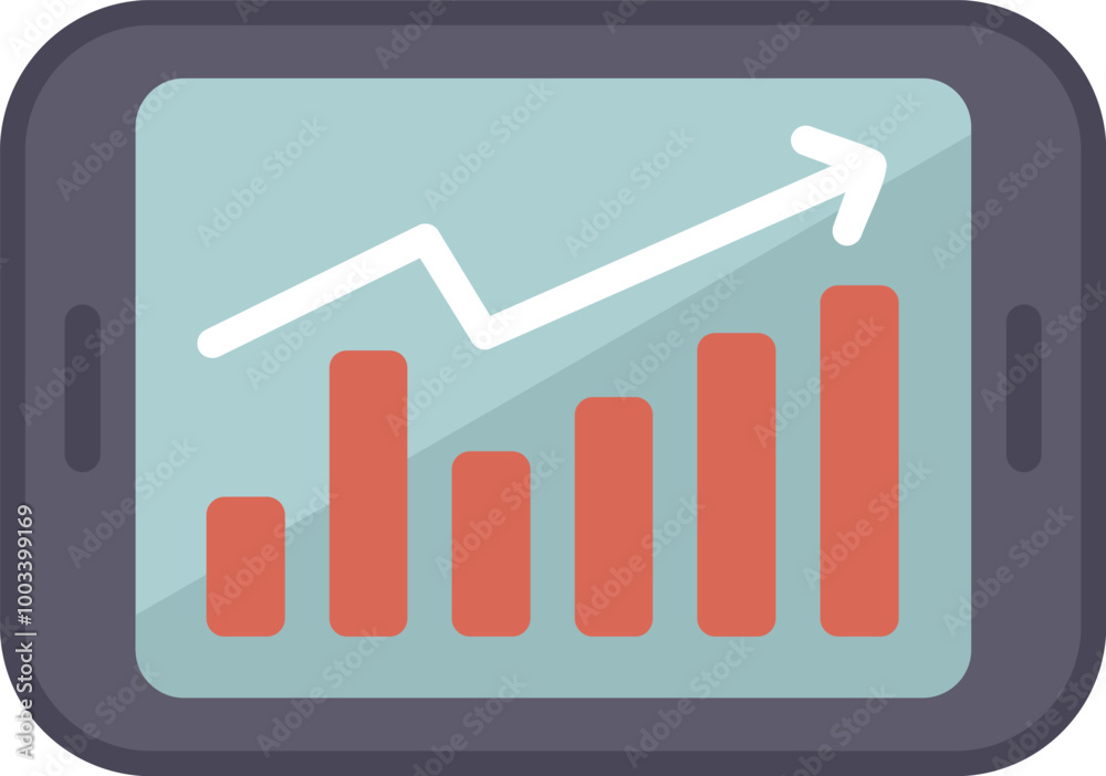 Mobile phone is displaying a growing bar chart with an upward arrow, representing positive business growth Mobile phone is displaying a growing bar chart with an upward arrow, representing positive business growth