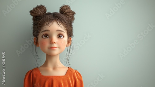 Girl with pigtail buns and freckles looking curious in front of a soft green background.