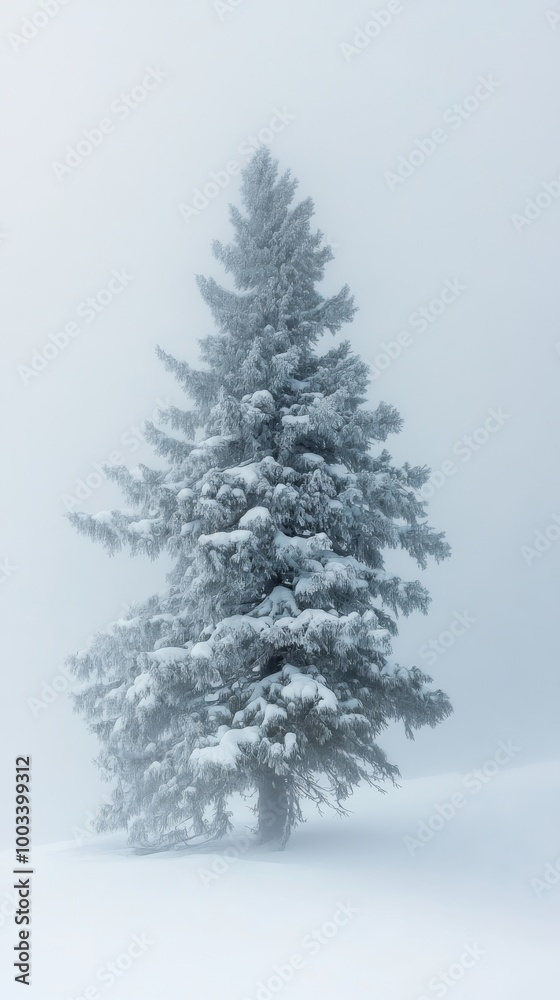Solitary snow-covered pine tree in winter Solitary snow-covered pine tree in winter