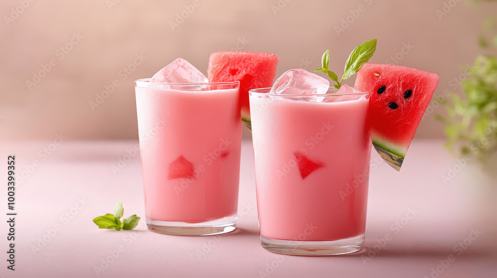 Watermelon Smoothie with Ice Cubes and Mint Garnish Watermelon Smoothie with Ice Cubes and Mint Garnish