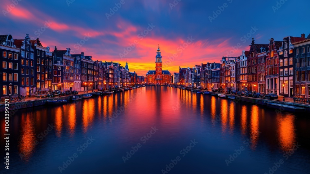 Naklejka premium Amsterdam Canal Sunset with Church and Reflections