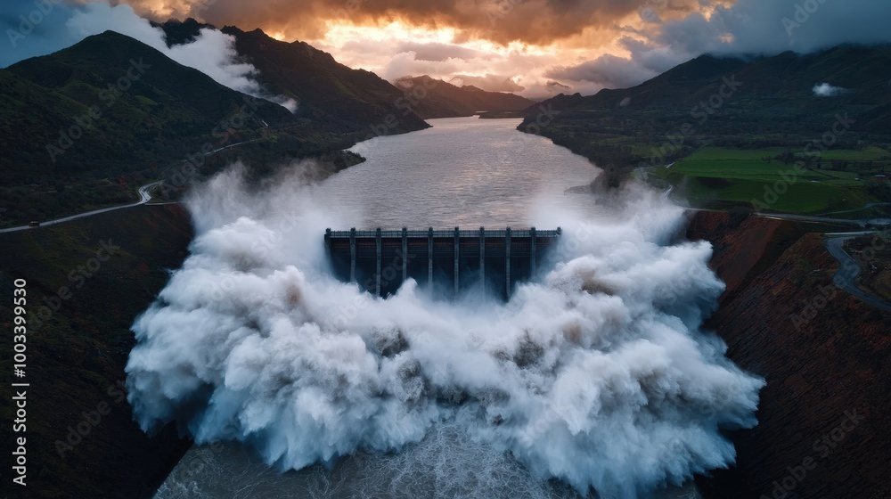 Fototapeta premium Powerful Dam Overflowing With Water During Sunset