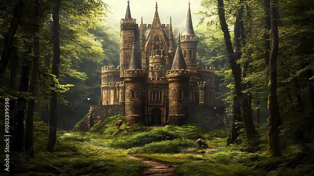 A fairytale castle surrounded by an enchanted forest, with magical creatures visible in the woods. Woodland Spirit. Illustration A fairytale castle surrounded by an enchanted forest, with magical creatures visible in the woods. Woodland Spirit. Illustration