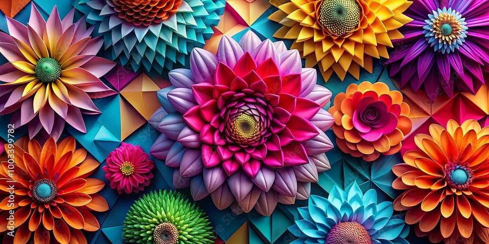 A vibrant tapestry of colorful paper flowers arranged in a geometric pattern, showcasing intricate details and captivating textures. A vibrant tapestry of colorful paper flowers arranged in a geometric pattern, showcasing intricate details and captivating textures.