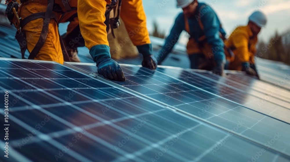 Fototapeta premium Show a team installing solar panels on a rooftop, highlighting the adoption of renewable energy sources for a greener future