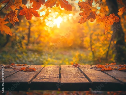 Autumn Table - Orange Leaves And Wooden Plank At Sunset In Forest - ai