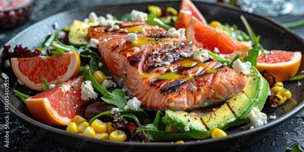 Vibrant salad featuring grilled fish, avocado, grapefruit, feta cheese, and corn. Vibrant salad featuring grilled fish, avocado, grapefruit, feta cheese, and corn.