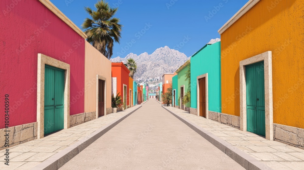 Colorful Street in a Small Town with Mountain View Colorful Street in a Small Town with Mountain View