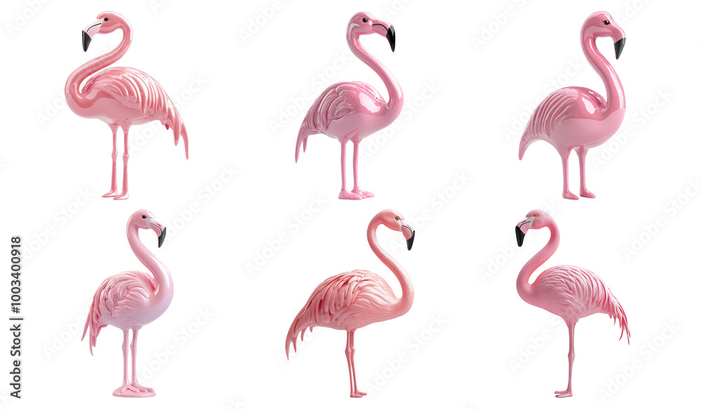 Obraz premium Set of pink flamingos standing in different poses isolated on transparent background