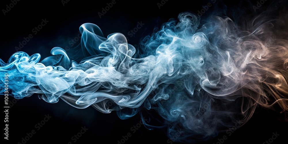 Fototapeta premium Abstract Swirling Smoke Design with Dynamic Blue and White Hues on Black Background