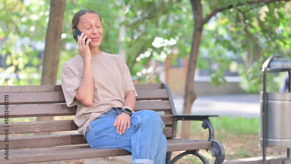 Young Hispanic Woman Talking on phone while Sitting Outdoor Young Hispanic Woman Talking on phone while Sitting Outdoor