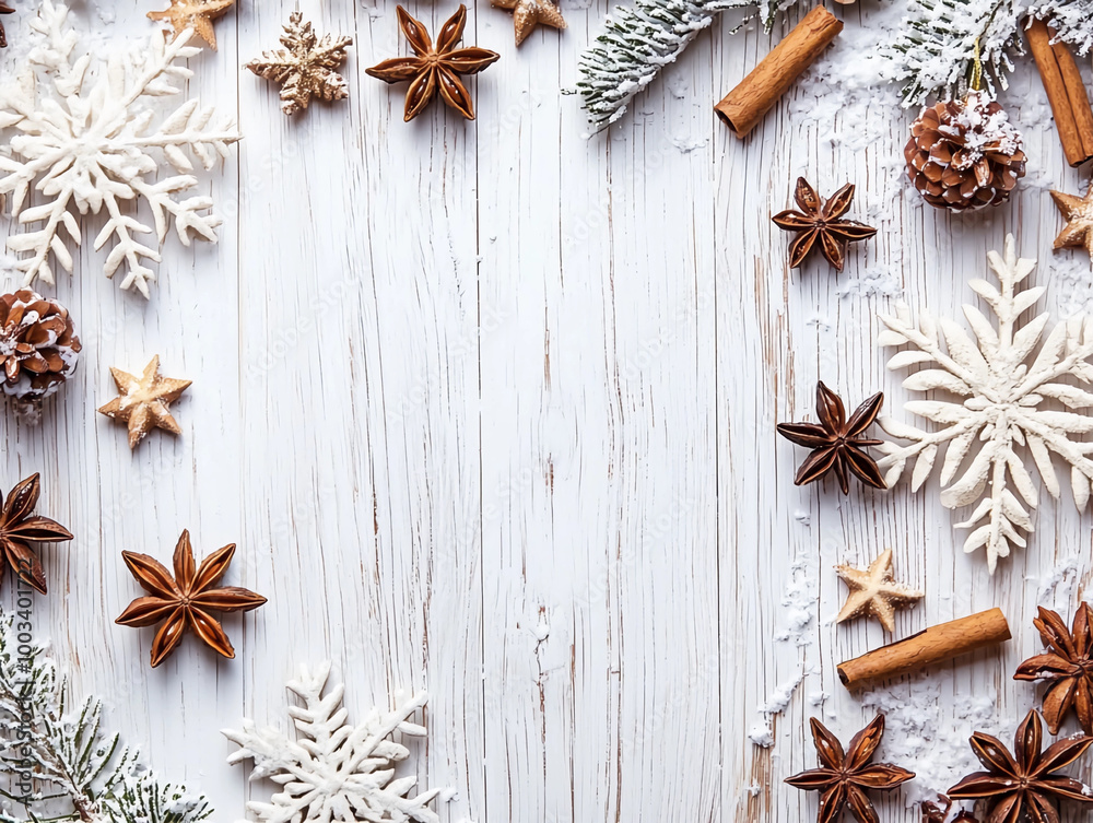 Christmas background with snowflakes, star anise, and cinnamon on a white wooden table Christmas background with snowflakes, star anise, and cinnamon on a white wooden table