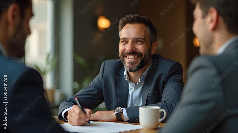 Entrepreneur smiling after signing first major contract with client Entrepreneur smiling after signing first major contract with client