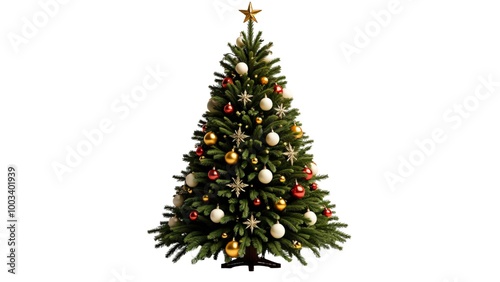 Christmas tree with decoration of lights and bulbs and star, isolated on white background
