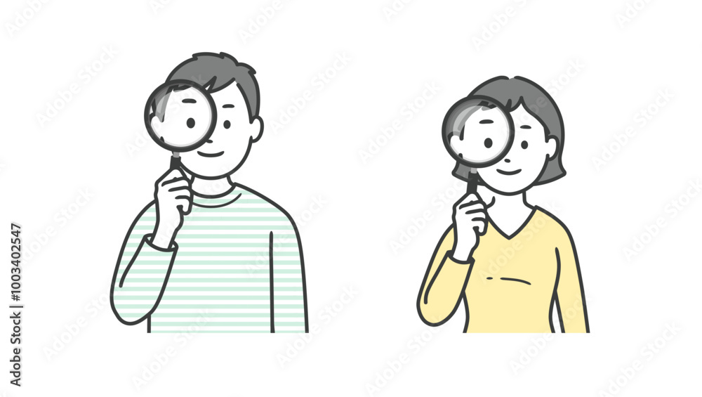 虫眼鏡を持つ成人男女の上半身イラスト 虫眼鏡を持つ成人男女の上半身イラスト