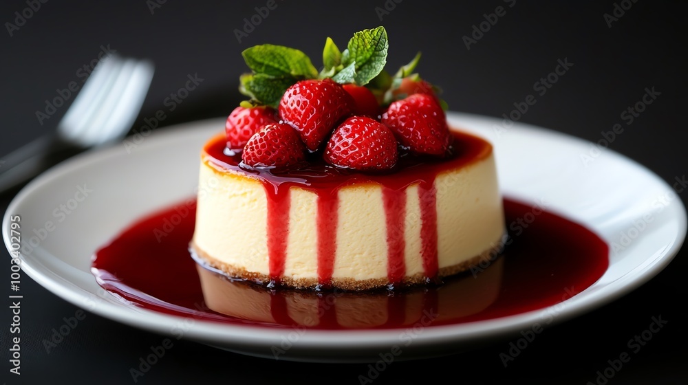 Japanese cheesecake served with a side of strawberry compote, vibrant red contrasting with the soft golden tones of the cake, Japanese cheesecake, fruit-topped dessert Japanese cheesecake served with a side of strawberry compote, vibrant red contrasting with the soft golden tones of the cake, Japanese cheesecake, fruit-topped dessert