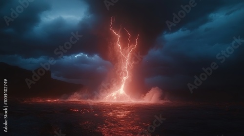 A dramatic depiction of a volcanic eruption amidst a fierce storm, showcasing molten lava springing from the crater, surrounded by dark storm clouds and flashes of lightning. 