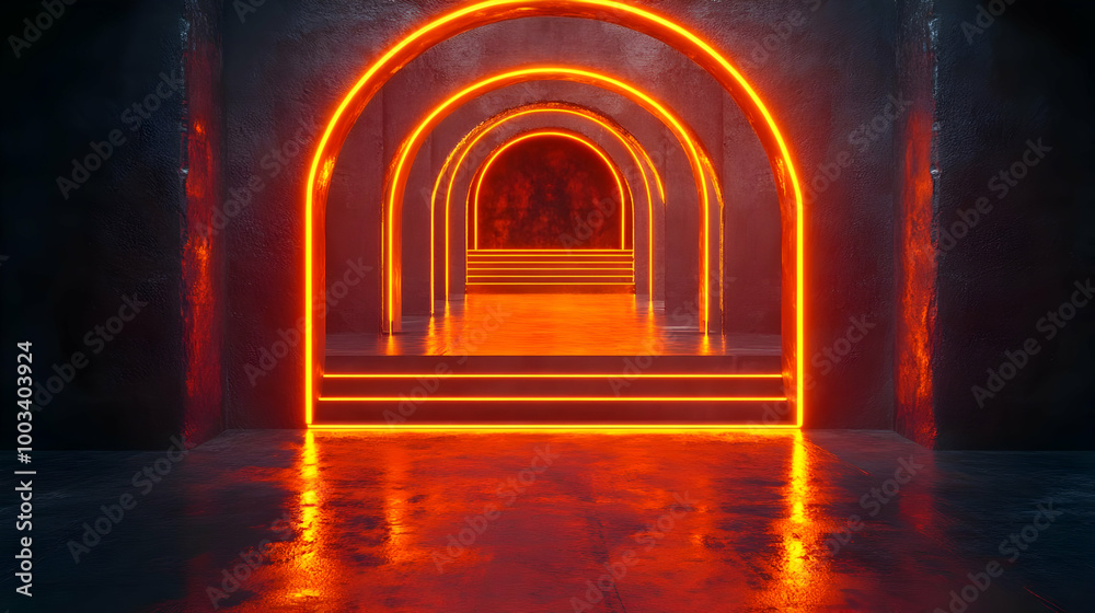 Fototapeta premium 3D Render of an Abstract Tunnel with Orange Neon Lights