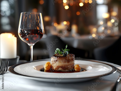 A gourmet meal of roasted meat with a side of fruit and a glass of red wine.