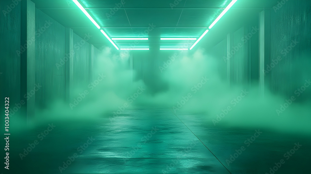 3D Illustration: Green Hallway with Fog and Neon Lights 3D Illustration: Green Hallway with Fog and Neon Lights