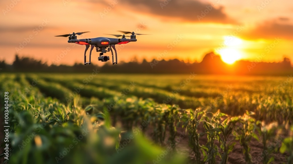 Drone Flying over a Field at Sunset Drone Flying over a Field at Sunset
