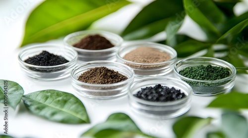 Six small glass bowls containing various powders with green leaves on a white background.
