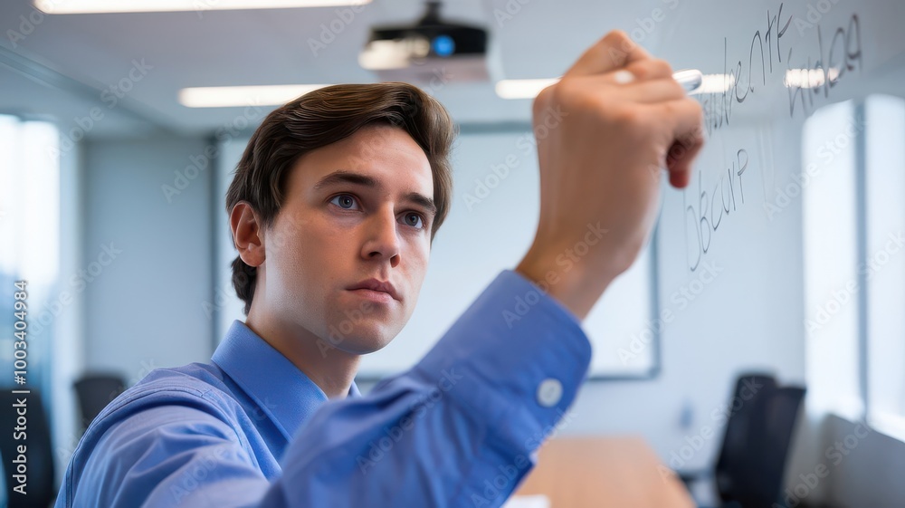 Young businessman writing on whiteboard during presentation. Young businessman writing on whiteboard during presentation.