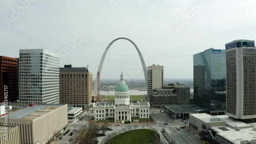 A breathtaking view of the St. Louis Arch overlooking the river, capturing the iconic structure's grandeur and its reflection in the water, symbolizing the Gateway to the West.