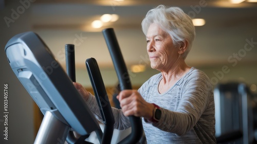 Senior Woman Exercising on Elliptical Machine at Gym.