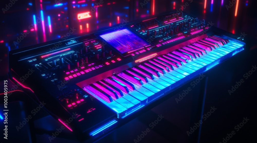 Synth keyboard with neon lights.